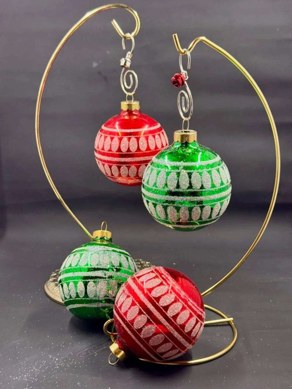 Vintage Set of Four Rauch Red and Green iridescent accents Christmas Ornaments
